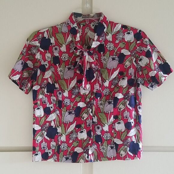 Women's Custom Cherry Red Floral Print Blouse, S - Picture 1 of 4